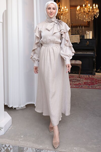 benguen Γυναικείο φόρεμα με βολάν με λεπτομέρεια με ζωσμένη μέση 2092 Χρώμα πέτρας