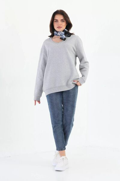Edelle Gri Melanj Organik Kadın Sweatshirt Oversize V-yaka