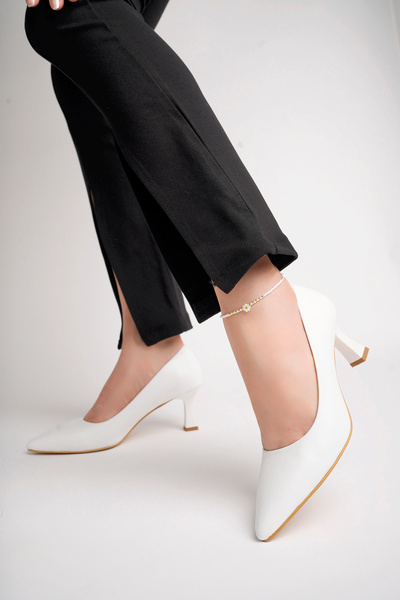 Deripabuc Genuine Leather White Women's Leather Heeled Shoes Trc-92280