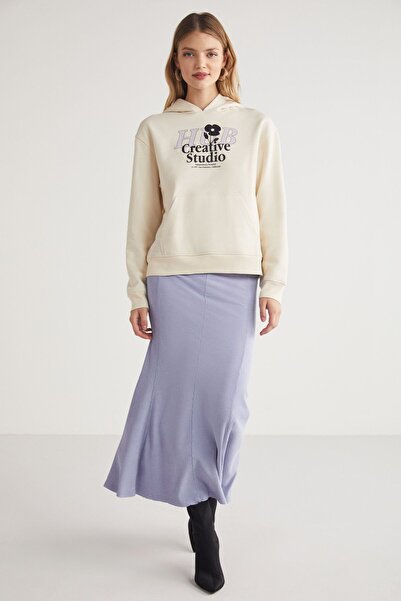 GRIMELANGE Dámská Ecru mikina s kapucí Letıcıa – 100% bavlna, přední potisk