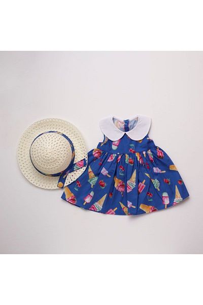 Alingo Navy Blue Baby Girl Dress with Collar Hat
