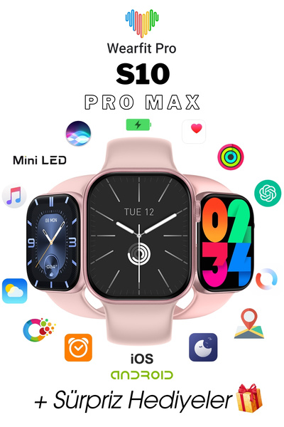 Wearfitpro WEARFİT S10 PRO MAX 7 KORDONLU  Akıllı Kol Saati Smart Watch MİNİLED Ekran (ROSE GOLD) 45mm