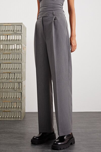 GRIMELANGE Tkaná látka Luzia Dark Grey - Dámské kalhoty široké ke kotníkům