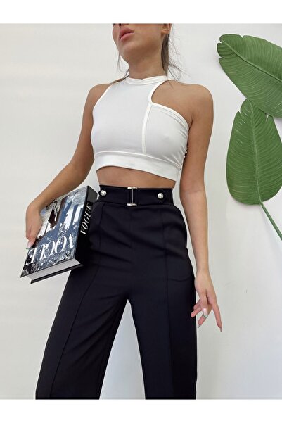H&A İSTANBUL Kadın Yüksek Bel Palazzo Düğmeli Detay Slim Fit Kalip Pantolon