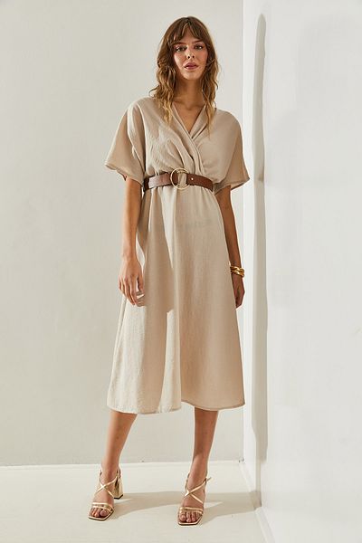 Bianco Lucci Double Breasted Collar Women's Dress with Mobile Belt - 4929 Model60251392