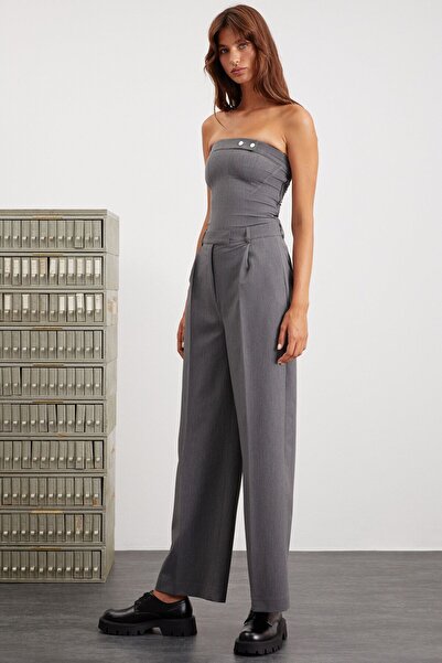 GRIMELANGE Tkaná látka Luzia Dark Grey - Dámské kalhoty široké ke kotníkům