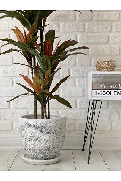 odka 10litre Saksı Tabaklı Çap: 25cmx Yükseklik: 23cm Mia Beyaz Mermer Desenli