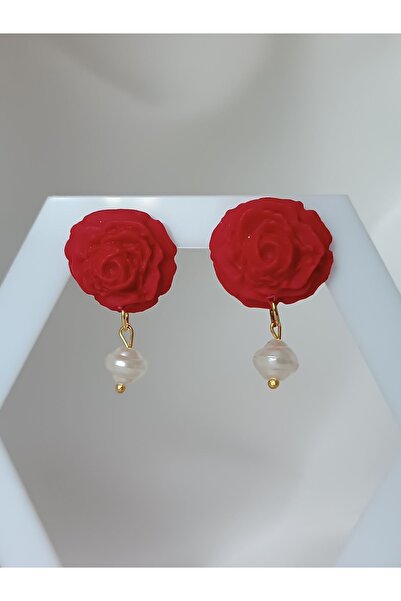 La fee aksesuar KIRMIZI GÜL ÇİÇEK - İNCİ DETAY ÇELİK KÜPE APARATLI TASARIM KÜPE