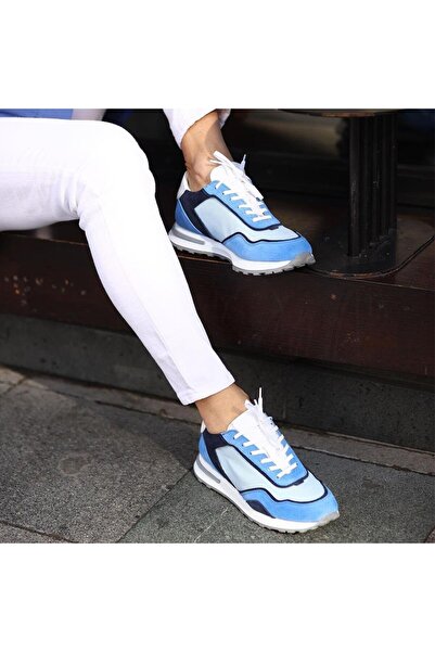 SailLakers - Μπλε, μπλε σουέντ, λευκά δερμάτινα ανδρικά παπούτσια casual με κορδόνια 101-9002-H1255