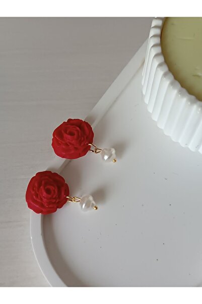 La fee aksesuar KIRMIZI GÜL ÇİÇEK - İNCİ DETAY ÇELİK KÜPE APARATLI TASARIM KÜPE