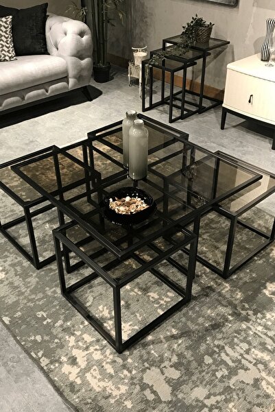 Mobievim Kante Kante Siyah Fırın Boya 5'li Sehpa Seti