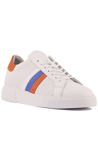 SailLakers - Λευκά, πορτοκαλί, μπλε δερμάτινα ανδρικά παπούτσια casual με κορδόνια 101-7053-HE1065