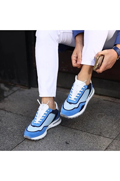 SailLakers - Pantofi casual pentru bărbați cu șireturi din piele albastră, albastru bleumarin, piele albă 101-9002-H1255