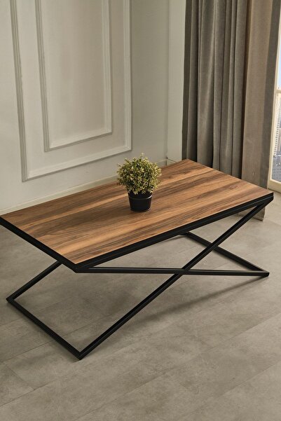 Mobievim Venedik Siyah Metal Ayaklı Ceviz Kaplama Orta Sehpa