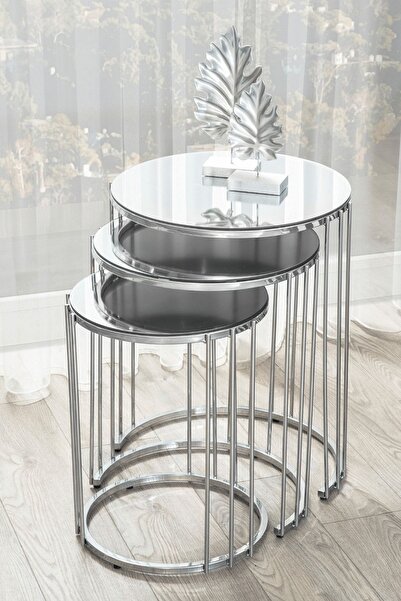 Mobievim Napoli Krom Metal Ayaklı Aynalı Zigon Sehpa 3'lü