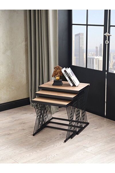 Mobievim Vienna Siyah Metal Ayaklı Ceviz Kaplama Zigon Sehpa