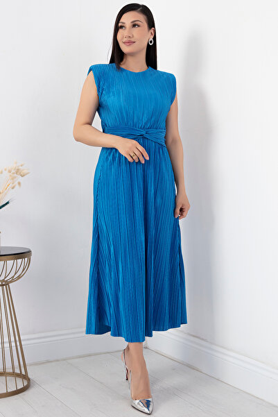 PULLIMM Oval Collar Dress with Shoulder Padding - GRS3448