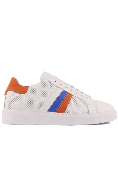 SailLakers - Λευκά, πορτοκαλί, μπλε δερμάτινα ανδρικά παπούτσια casual με κορδόνια 101-7053-HE1065