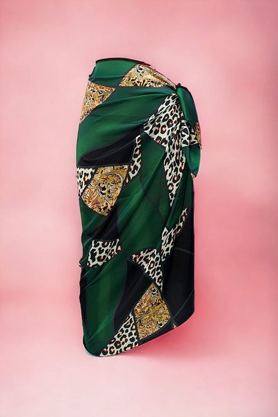 pistore Green Leopard Patterned Long Pareo Satin No-Show Women's Beach Dress New Season
