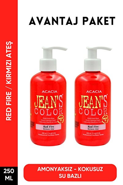 jeans color Amonyaksız Kırmızı Ateş Renkli Saç Boyası 250 Ml x2 Adet Kokusuz Su Bazlı Red Fire Hair Dye