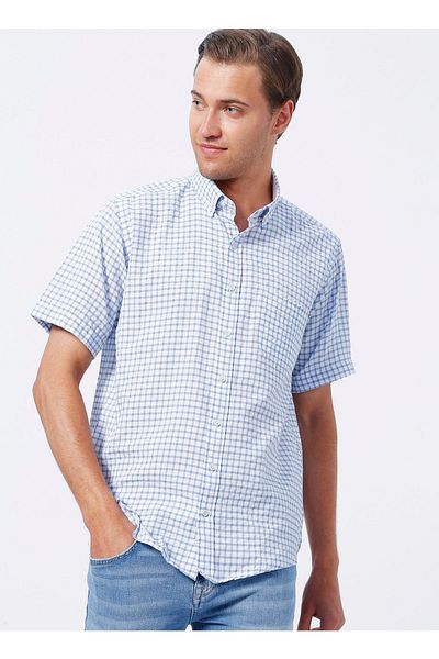 SÜVARİ Süvari Loose Cut Short Sleeve Blue Checked Men's Shirt