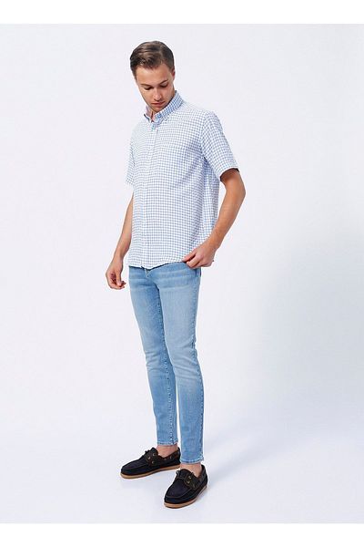 SÜVARİ Süvari Loose Cut Short Sleeve Blue Checked Men's Shirt