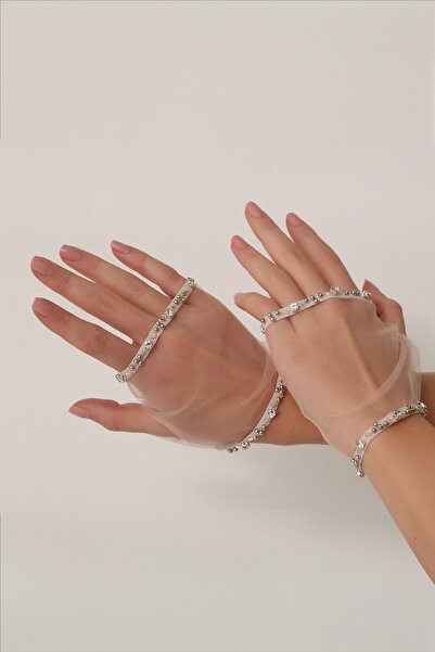 Grace Beauties Parlak Taşlı Bej Pembe Kısa Tül Eldiven