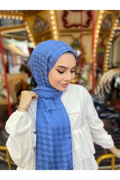 ŞahTan Houndstooth Pattern Blue Cotton Jacquard Shawl