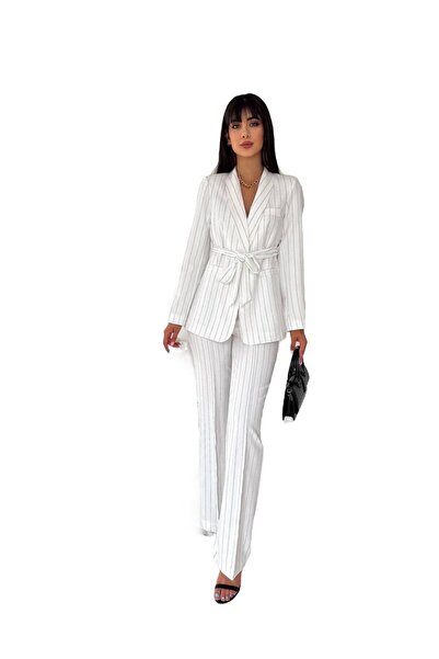 NILOO Striped Women's Suit, Belted Shawl Collar Blazer Jacket