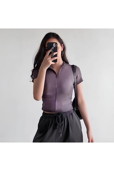 Touz Moda Κοντό μανίκι Crop Top από ύφασμα άμμου