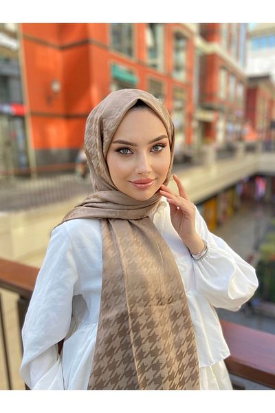 ŞahTan Houndstooth Pattern Mink Cotton Jacquard Shawl