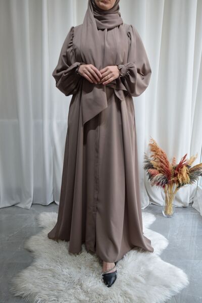 afife Model Erva Medine İpeği Balon Kollu Ferace (ŞALSIZ) - Vizon - ERVA01019