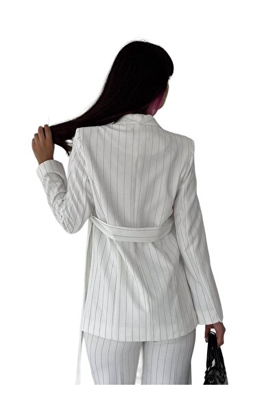 NILOO Striped Women's Suit, Belted Shawl Collar Blazer Jacket