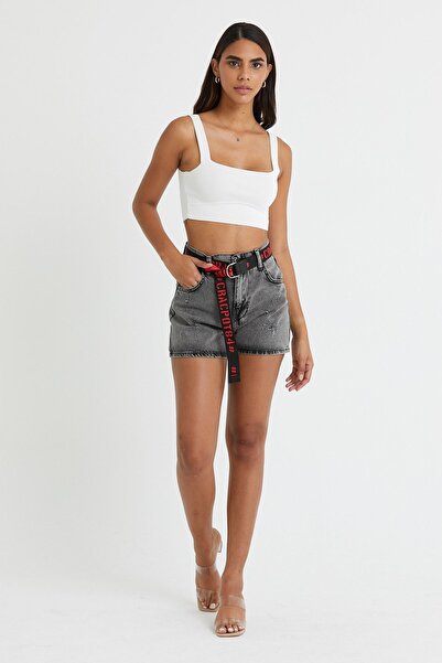cracpot Kadın Siyah Slouchy Kemerli Şort