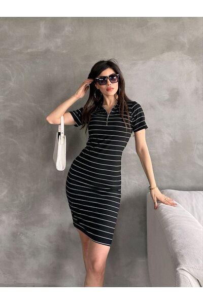 ModaWiser Women's Zipper Detail White Striped Black Dress