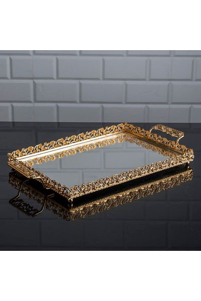 Zeyve Home Diamond Rectangular Medium Tray Mirrored Metal Handle Tea Coffee Presentation Chocolate Tray Gold