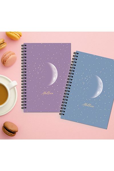 AKILLICA Set of 2 Unlined Notebooks 13 X 20 Cm 56 Sheets Cardboard Cover Spiral Notebook Purple+blue New Moon Series