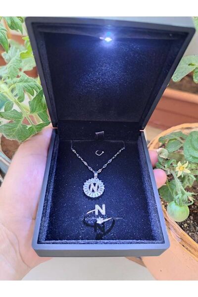 HKN AVM ACCESSORİES Işıklı Kutuda Harf Kolye Harf Yüzük N Harfi Kolye Set Kombin