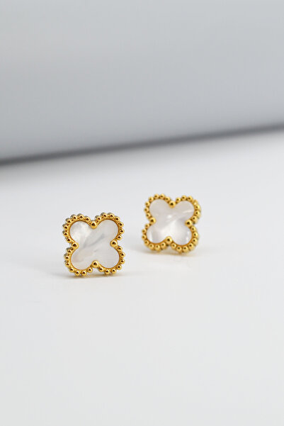 Dia Collet Gold White Pearlescent Steel Clover Earrings