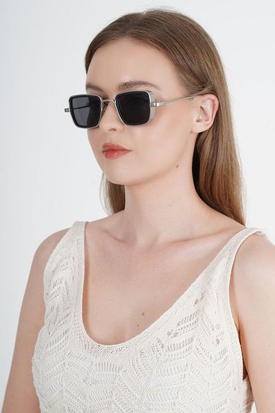 LOOKUP NEW Unisex Black Silver Metal - Uv400 Protection Sunglasses, Square Rectangle Design - New Season