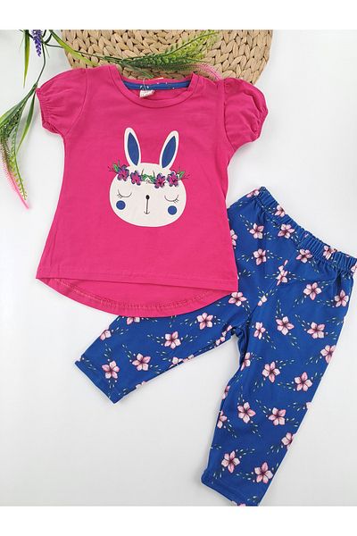 Butik Set dublu pentru fete - jambiere și tricou cu imprimeu leopard roz albastru, pisicuță și iepure