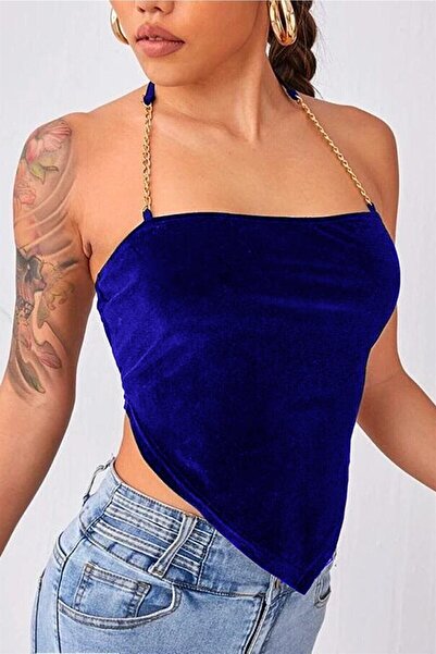 boutiquen 1631 Zincir Detaylı Kadife Saks Bluz