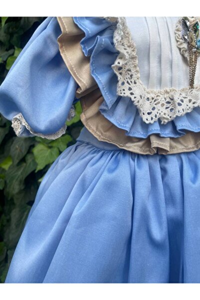 SAYUKER SHOP Dantel Detaylı Mavi Vintage Kız Çocuk Konsept Elbise