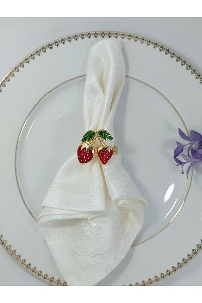 Aksesuar 6-Piece Double Strawberry Patterned - Red Green Enameled and Gold Plated Ring Napkin Ring
