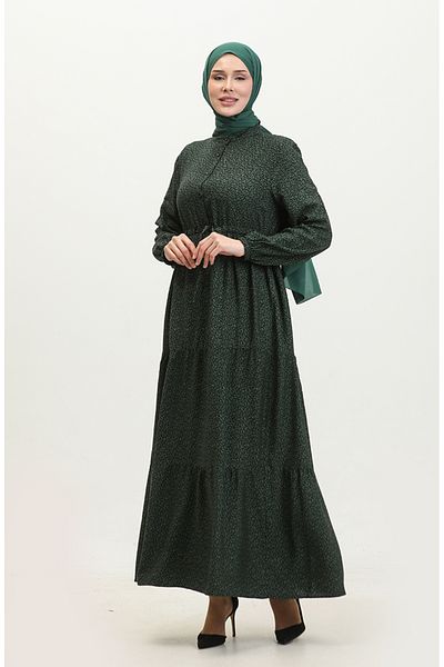 sefamerve Gathered Waist Viscose Dress 0374-01 Dark Green