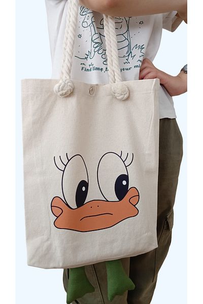 Lessa Home Gabardine Fabric Rope Strap Snap Detailed Figure Printed Gusseted Shoulder Strap Cloth Bag