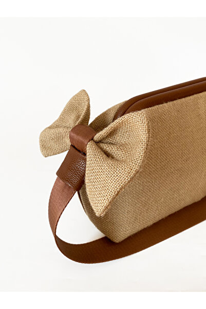 HEYBE'S Women's Brown Ribbed Bow Detailed Detachable Handle Jute Straw Shoulder and Hand Bag
