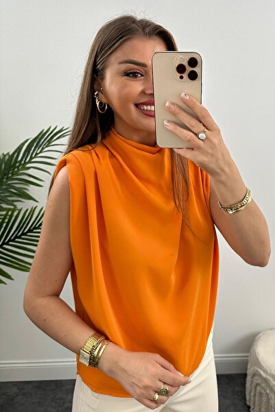 Didem Butik Turuncu Degaje Yaka Omuzları Vatkalı Kolsuz Fermuarlı Günlük Yazl...