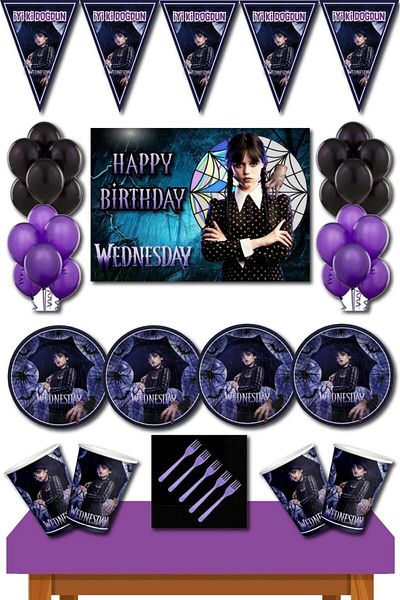 Parti Furyası Wednesday Birthday Concept 16-Person Banner Wednesday Birthday Set Purple