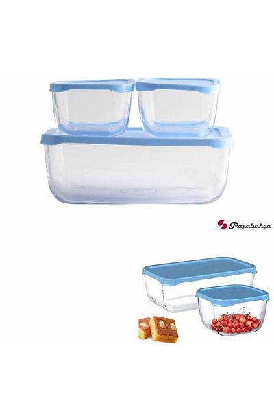 Paşabahçe Blue Snow Box - 3 Pieces Storage Set with Plastic Lid